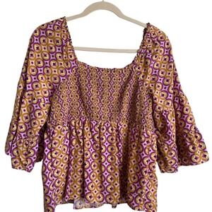 Terra Sky Women Cropped Whimsical Babydoll Top 1X Purple Yellow Boho Prairie Y2K